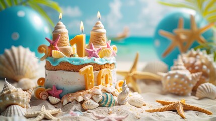 Beach-Themed 10th Birthday Cake with Seashells and Starfish Decorations in Sunny Beach Party Setting