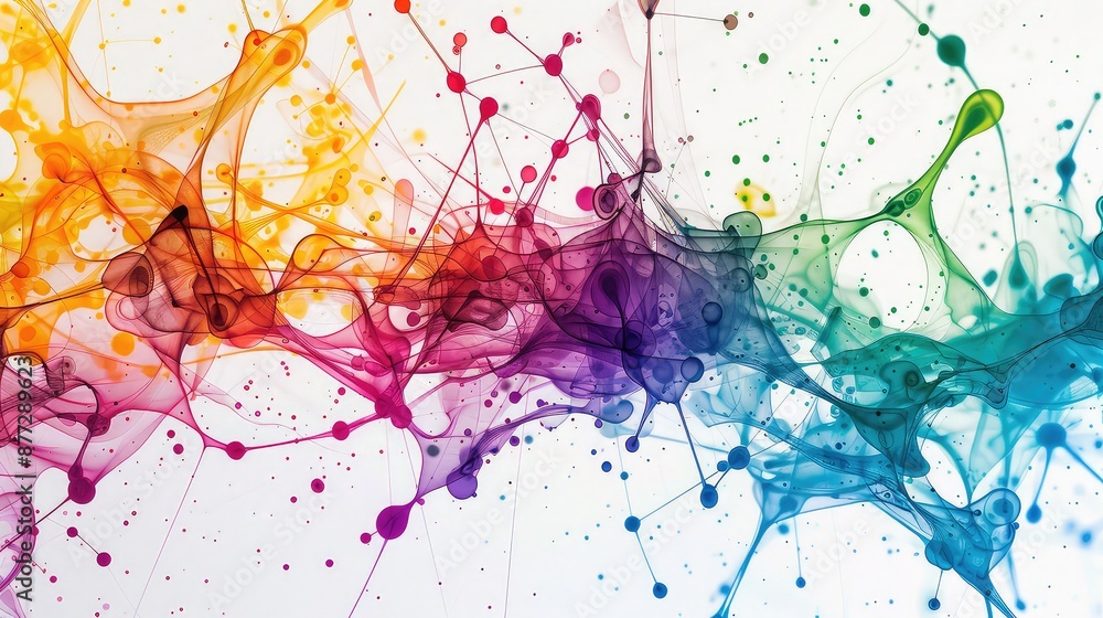 Poster abstract representation of a mind mapping session, colorful threads connecting various creative idea