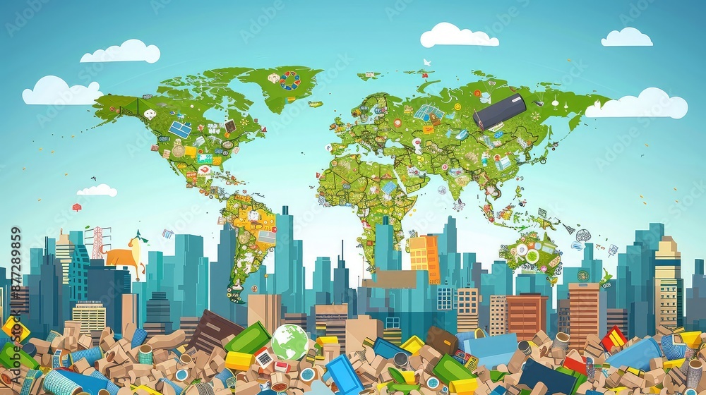 Poster global map showing countries with the best waste management practices, infographic style with statis