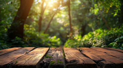 Empty wood table top with blur background of nature lush green forest. The table giving copy space for placing advertising product on the table along with beautiful green forest nature background.