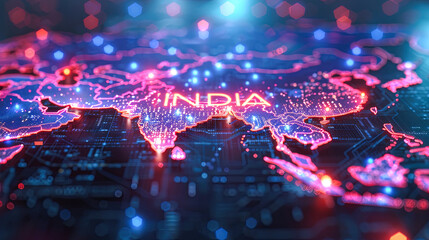 Illuminated India Map on Circuit Board for Indian Independence Day Technology Background