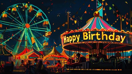 Festive Carnival Night Birthday Celebration with Ferris Wheel and Colorful Lights