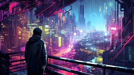 Fototapeta premium Person standing on balcony overlooking futuristic neon cityscape, glowing at night with high-rise buildings and vibrant lights.