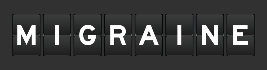 Black color analog flip board with word migraine on gray background