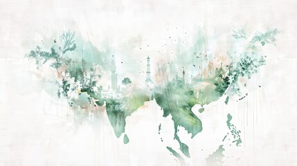 Obraz premium Abstract Watercolor Painting of India Map with Architectural Landmarks for Indian Independence Day Celebration Banner Background Wallpaper Illustration