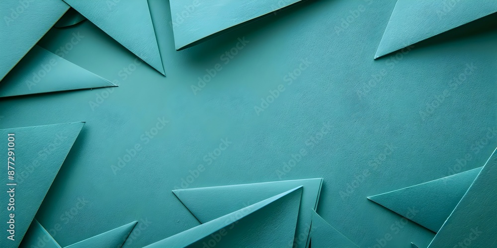 Poster teal paper triangles layered creating textured collage with folded corners covering image. concept t
