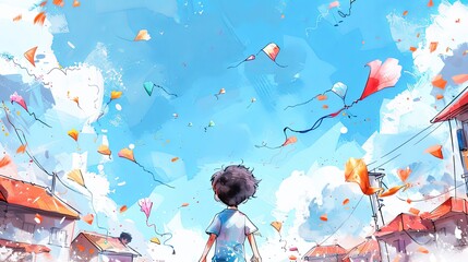Indian Boy Looking at Colorful Kites Flying in Blue Sky on Indian Independence Day Celebration Background Illustration Patriotic Holiday Greeting Card, Poster Design Element