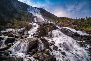 Langfossen wild waterfall in Norway