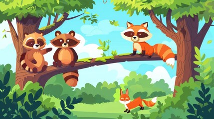 Cute forest animals living in nature, cartoon wallpaper for children. Hand drawn illustration in watercolor style.