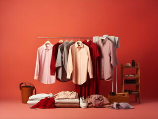 Laundry service, Ironing on clothes, hygiene and cleaning clothes on washing machine, Housekeeping lifestyle, housework concept, Laundry and dry cleaning business