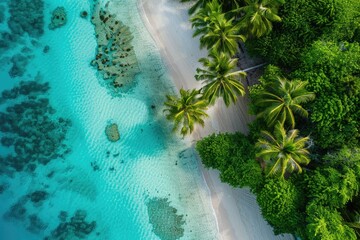 Beautiful aerial view of a tropical island with a white sandy beach and turquoise water