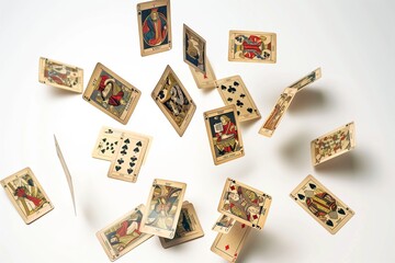Fototapeta na wymiar A cascade of tarot cards falling mid air, isolated on a clear white background, cards in various positions, some face up showing intricate designs, others face down, high