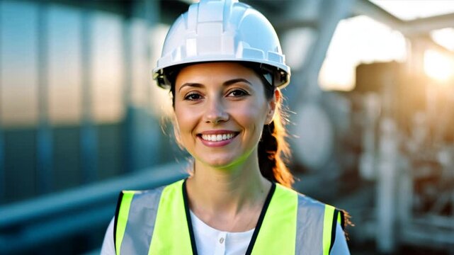 Confident female engineer in hard hat, safety vest, and business attire stands tall on construction site