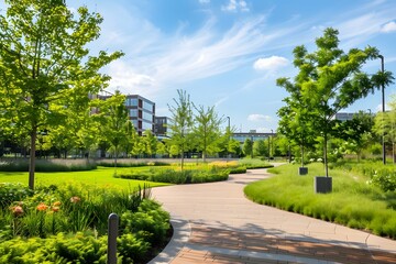Landscaped Park Pathway in Front of Office Buildings