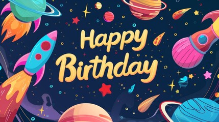Vibrant Space-Themed Happy Birthday Background with Planets, Stars, and Rockets - Ideal for Cards and Posters