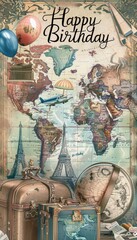 Fototapeta premium Wanderlust Birthday Background with Travel Theme - Maps, Globes, and Iconic Landmarks for Cards and Posters