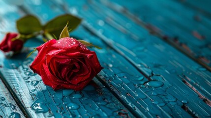 Red rose flower with water droplets on old wooden board. Vibrant colors and rustic texture for romantic or nature-themed designs and backgrounds.