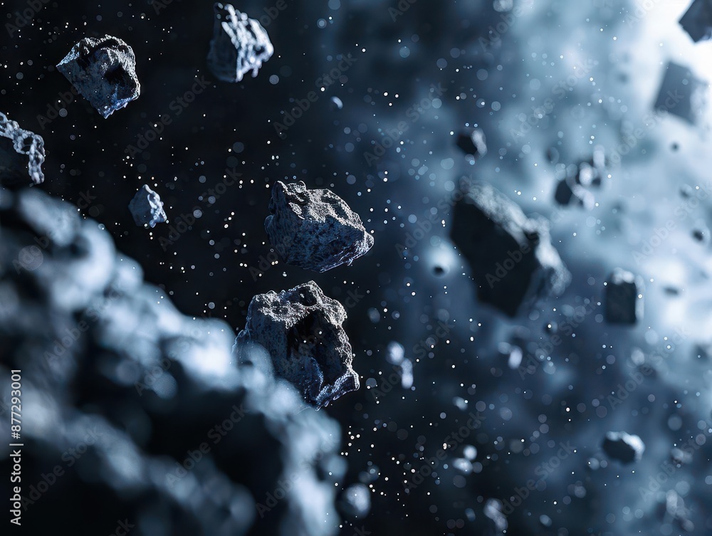 Poster asteroid swarm in deep space isolated on black background detailed rocky surfaces and varying sizes 
