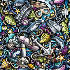 Cartoon doodles Diving seamless pattern.