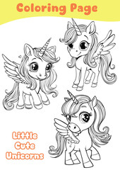 Obraz premium Coloring unicorns worksheet page. Educational printable coloring worksheet. Printable activity page for kids. Learning Game.