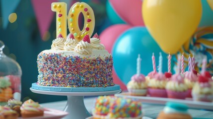 Glittery 10th Birthday Cake with Candles and Colorful Party Decorations for Celebration Posters