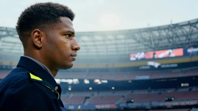 Medium shot portrait Security man with group team security background in football stadium