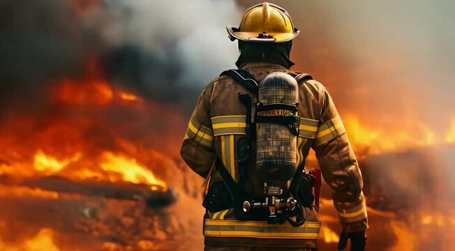Firefighter Facing Intense Flames in Dangerous Firefighting Scene