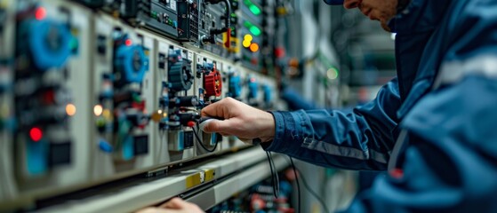 Obraz premium An engineer working on a complex electrical panel.