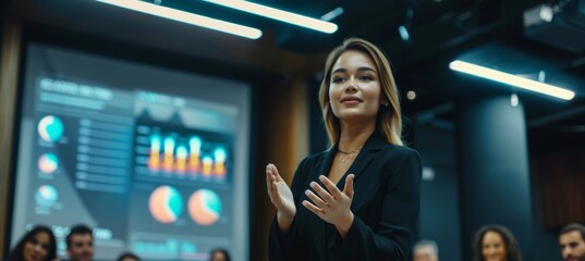 Young Professional Presenting Impressive Sales Data to Enthusiastic Board of Directors in Modern Conference Room