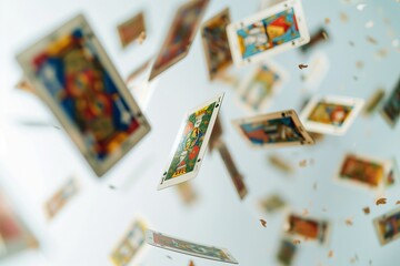 A dynamic scene of tarot cards falling, with some cards appearing closer to the camera and others further away, sharp focus on the card details, bright white background with soft