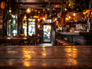 atmospheric scene of a dimly lit rustic pub interior focusing on an empty weathered wooden bar counter with blurred vintage decor and warm amber lighting in the background
