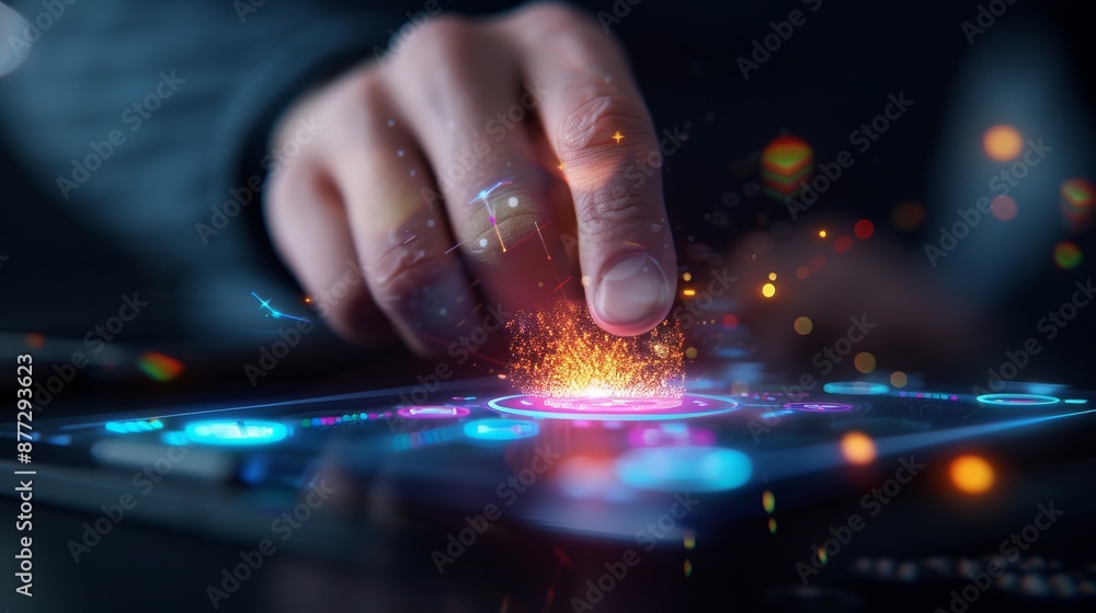 Poster close-up of a hand interacting with a futuristic glowing interface on a tablet, symbolizing digital 