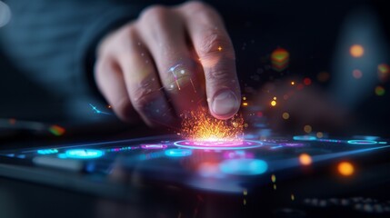 Close-up of a hand interacting with a futuristic glowing interface on a tablet, symbolizing digital innovation and technology.