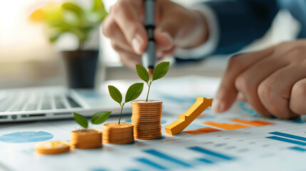 Close-up of a businessman's hand pointing at a growing plant sprouting from a stack of coins on a financial report.