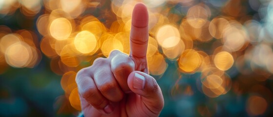 Close up of a finger pointing up against a blurry background of bokeh lights.