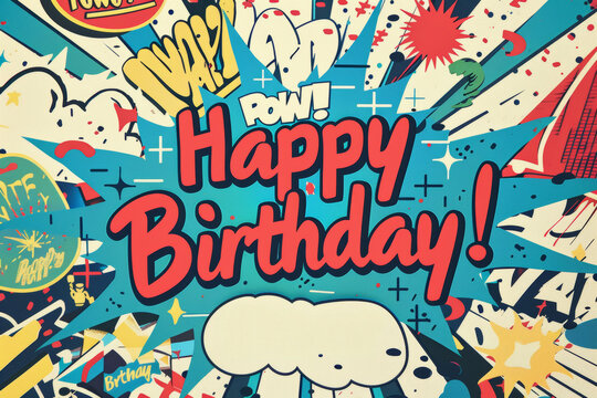 Vibrant Comic Style Birthday Background with Superhero Theme and Action Elements for Party Decor