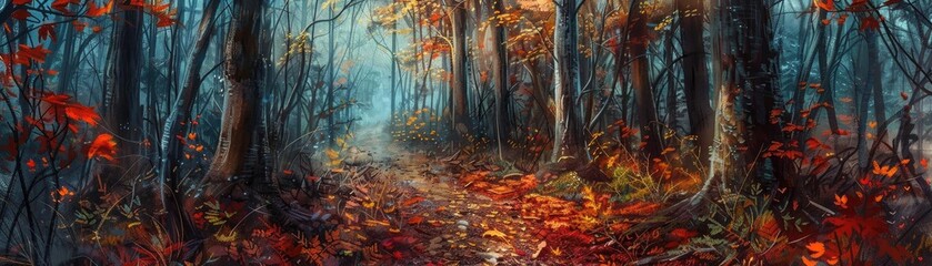 Fototapeta premium Beautiful autumn forest path covered with vibrant red and orange leaves, surrounded by tall trees and a mystical atmosphere.