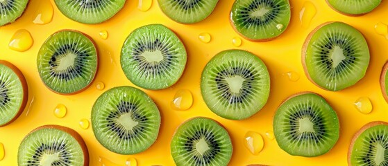 Fototapeta premium Close-up of kiwi slices arranged on yellow background.