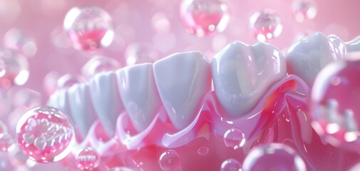 Close-up of pearly white teeth with pink gum and bubbles.
