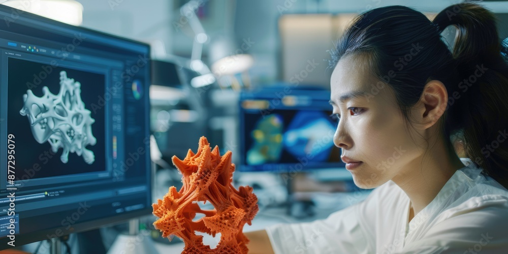 Poster in an advanced technology laboratory, a female engineer is examining a 3d model on a computer screen