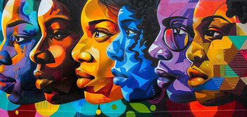 Obraz premium Colorful abstract portrait of five people facing forward.