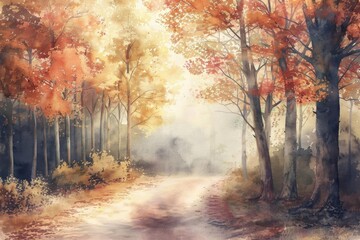Obraz premium Beautiful watercolor painting of an autumn forest path with vibrant fall foliage and soft light filtering through the trees.