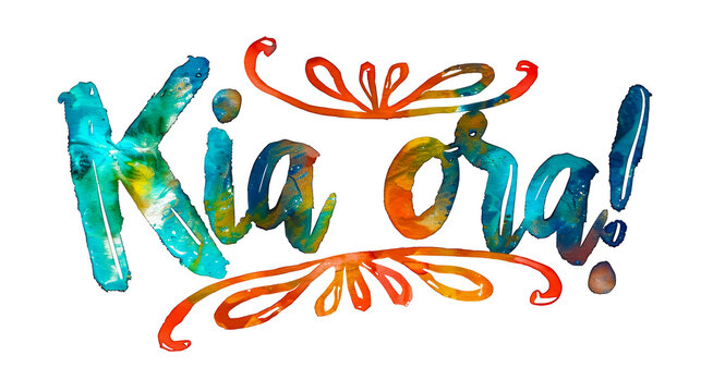 Kia Ora, a Maori language greeting in New Zealand illustration. Colorful text, PNG isolated on transparent background. 
