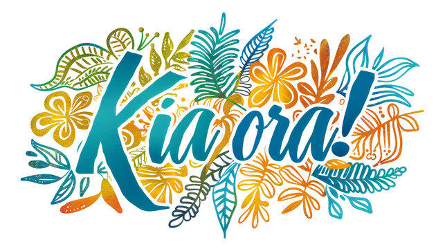 Kia Ora, a Maori language greeting in New Zealand illustration. Floral colorful design, PNG isolated on transparent background. 