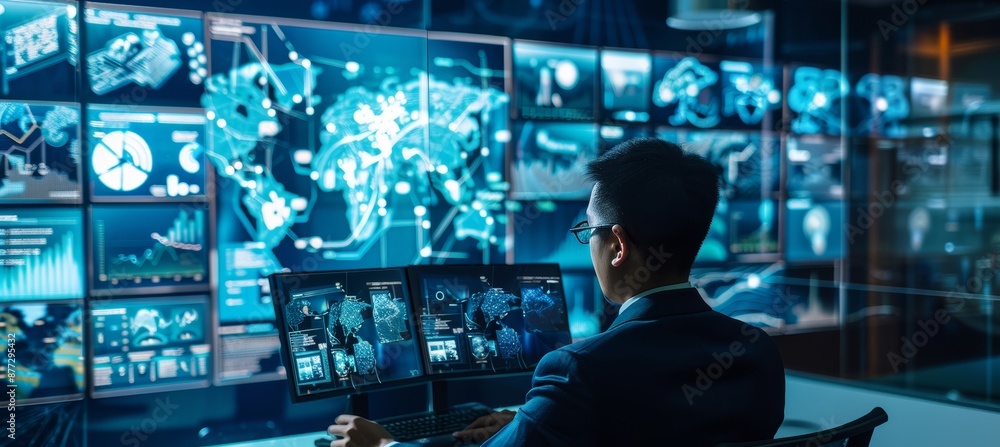 Poster global connectivity virtual conference with high-tech multi-screen display - business meeting concep