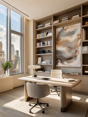 A modern office with a large window and bookshelves.