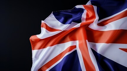 Cinematic British flag in motion, close-up view, dominant blue theme, high detail, 4K clarity, focus cover all object, deep dept of field