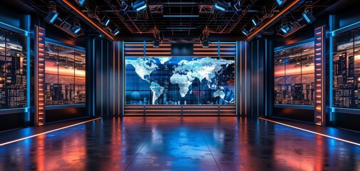Empty news studio with world map on screen.