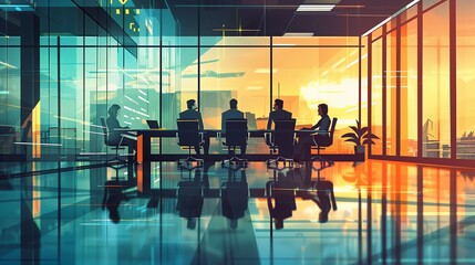 An origami style illustration of a business meeting, with executives discussing a financial chart made of folded paper. The meeting room has a sleek, minimalist design, with a