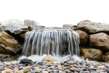 Small waterfall cascading over dark rocks isolated on transparent background. Natural scene with water stream falling on stones